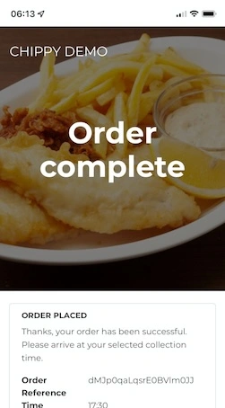 Order confirmation page for takeaway customers
